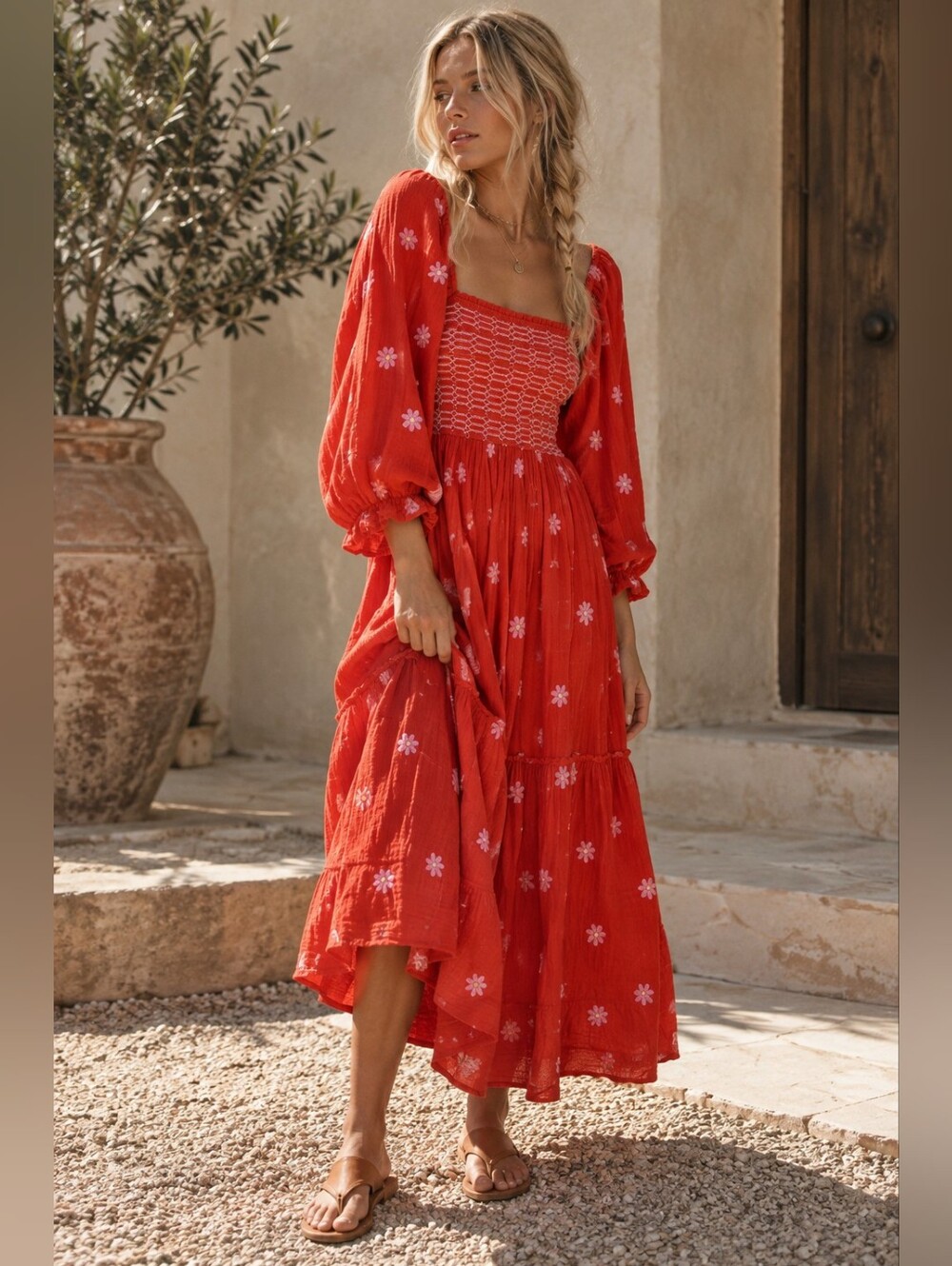 Free People Dahlia Embroidered Smocked Boho Maxi Dress Red Pink Medium